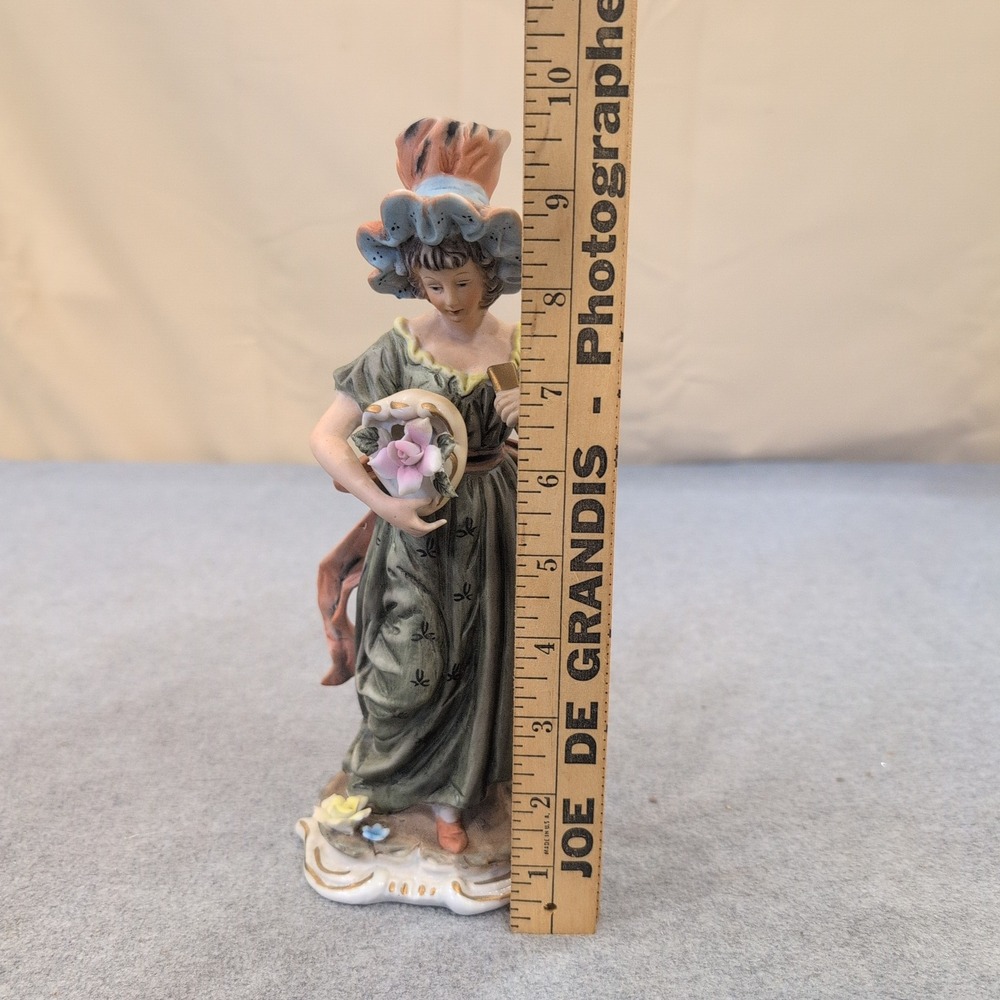 Vintage Hand Painted Porcelain Lady Figurine Green Dress Pink Flower Basket - Picture 5 of 6